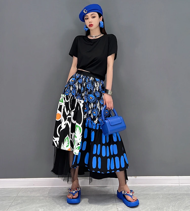 New Korean Style Woman Blue Printed Asymmetrical Skirt Mesh Joined Loose Fit Chic Elastic Waist Girls Casual Wear Skirt JJSK121