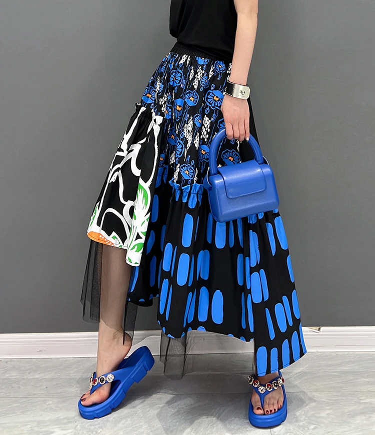 New Korean Style Woman Blue Printed Asymmetrical Skirt Mesh Joined Loose Fit Chic Elastic Waist Girls Casual Wear Skirt JJSK121