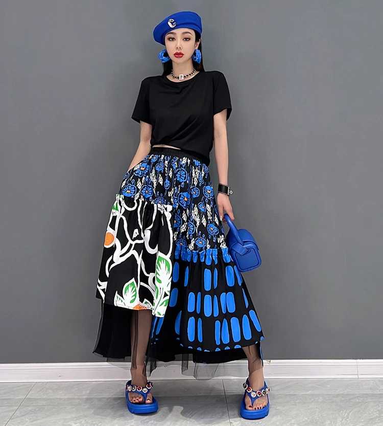 New Korean Style Woman Blue Printed Asymmetrical Skirt Mesh Joined Loose Fit Chic Elastic Waist Girls Casual Wear Skirt JJSK121
