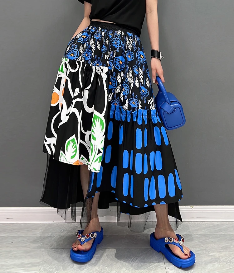 New Korean Style Woman Blue Printed Asymmetrical Skirt Mesh Joined Loose Fit Chic Elastic Waist Girls Casual Wear Skirt JJSK121