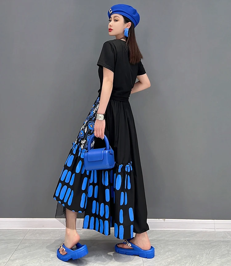 New Korean Style Woman Blue Printed Asymmetrical Skirt Mesh Joined Loose Fit Chic Elastic Waist Girls Casual Wear Skirt JJSK121