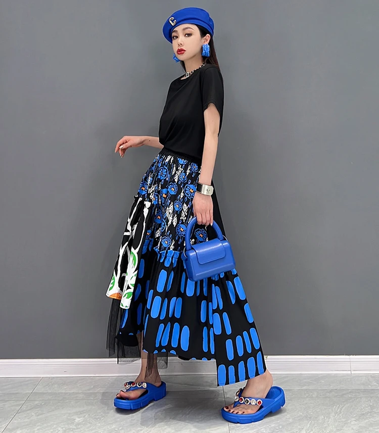 New Korean Style Woman Blue Printed Asymmetrical Skirt Mesh Joined Loose Fit Chic Elastic Waist Girls Casual Wear Skirt JJSK121