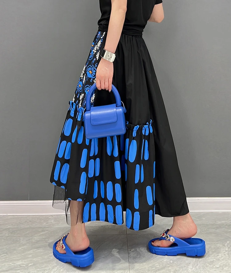 New Korean Style Woman Blue Printed Asymmetrical Skirt Mesh Joined Loose Fit Chic Elastic Waist Girls Casual Wear Skirt JJSK121