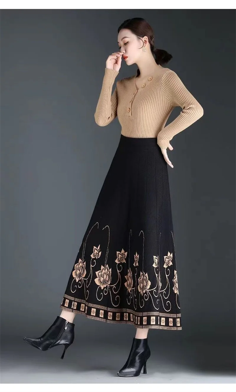 Women's Autumn Winter Ethnic Style A-line Skirt High Waist Elastic Waist Mid Length Knitted Wool Large Swing Skirt Sweater Skirt