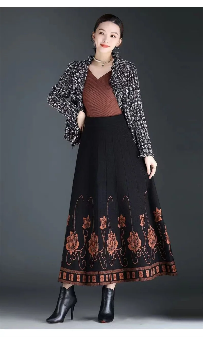 Women's Autumn Winter Ethnic Style A-line Skirt High Waist Elastic Waist Mid Length Knitted Wool Large Swing Skirt Sweater Skirt