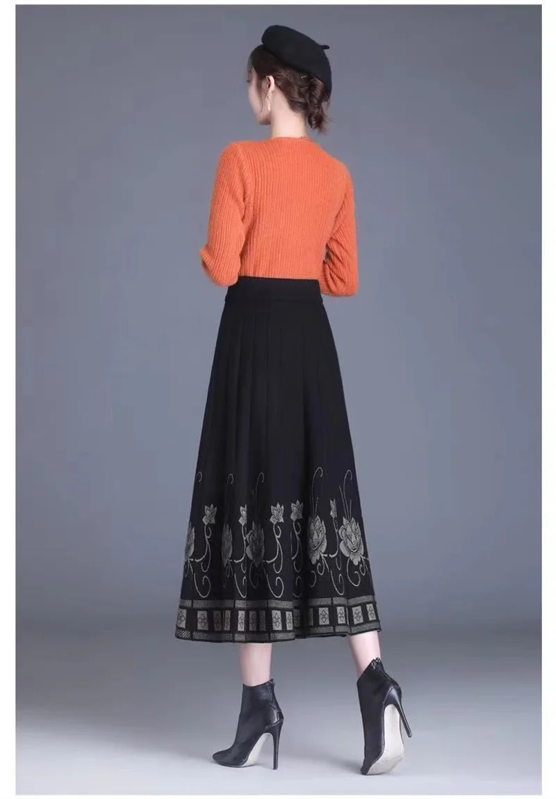 Women's Autumn Winter Ethnic Style A-line Skirt High Waist Elastic Waist Mid Length Knitted Wool Large Swing Skirt Sweater Skirt