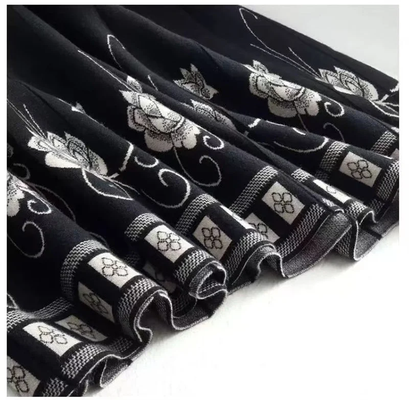 Women's Autumn Winter Ethnic Style A-line Skirt High Waist Elastic Waist Mid Length Knitted Wool Large Swing Skirt Sweater Skirt