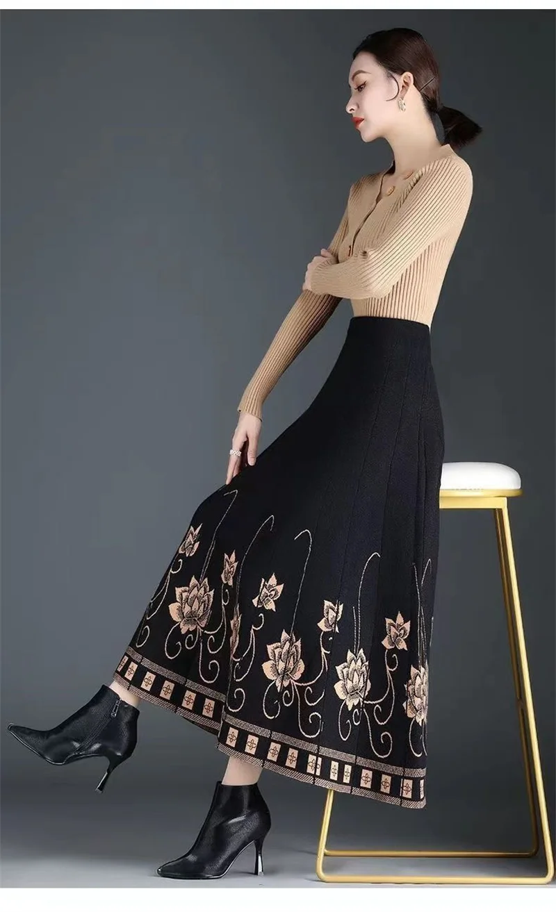 Women's Autumn Winter Ethnic Style A-line Skirt High Waist Elastic Waist Mid Length Knitted Wool Large Swing Skirt Sweater Skirt