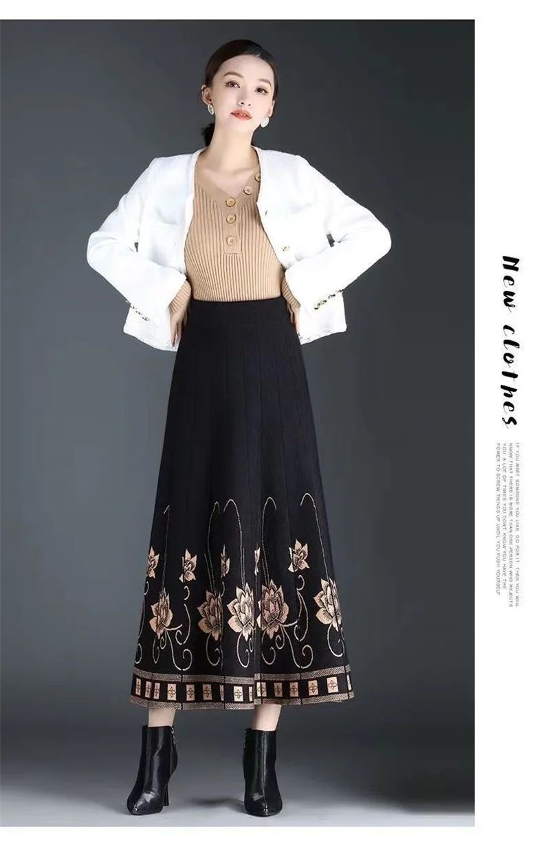 Women's Autumn Winter Ethnic Style A-line Skirt High Waist Elastic Waist Mid Length Knitted Wool Large Swing Skirt Sweater Skirt