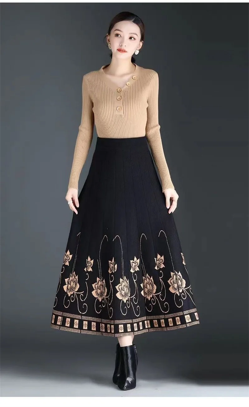 Women's Autumn Winter Ethnic Style A-line Skirt High Waist Elastic Waist Mid Length Knitted Wool Large Swing Skirt Sweater Skirt