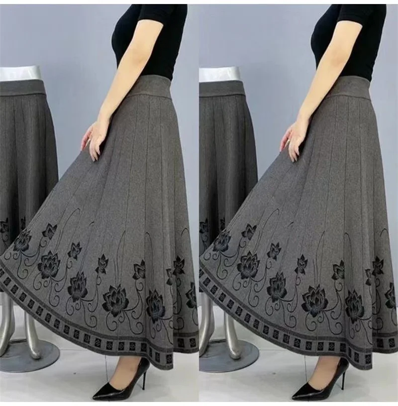 Women's Autumn Winter Ethnic Style A-line Skirt High Waist Elastic Waist Mid Length Knitted Wool Large Swing Skirt Sweater Skirt