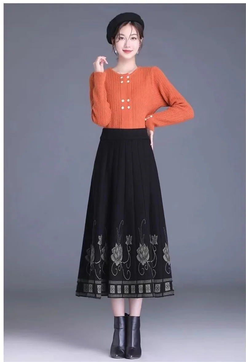 Women's Autumn Winter Ethnic Style A-line Skirt High Waist Elastic Waist Mid Length Knitted Wool Large Swing Skirt Sweater Skirt