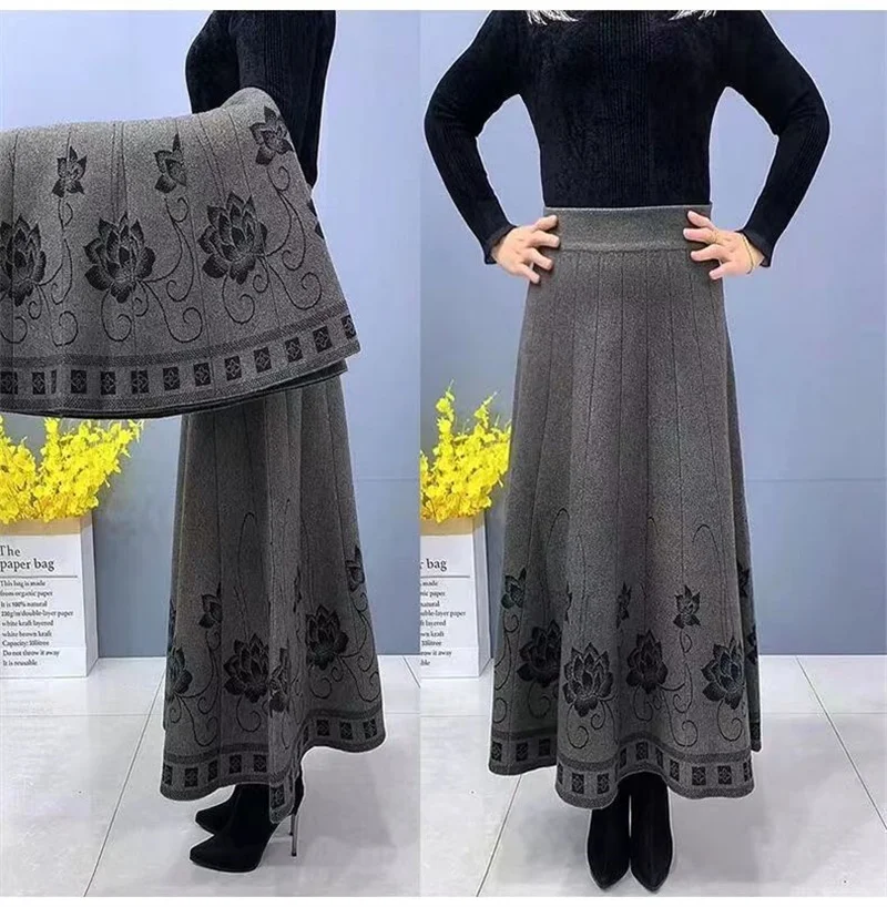 Women's Autumn Winter Ethnic Style A-line Skirt High Waist Elastic Waist Mid Length Knitted Wool Large Swing Skirt Sweater Skirt