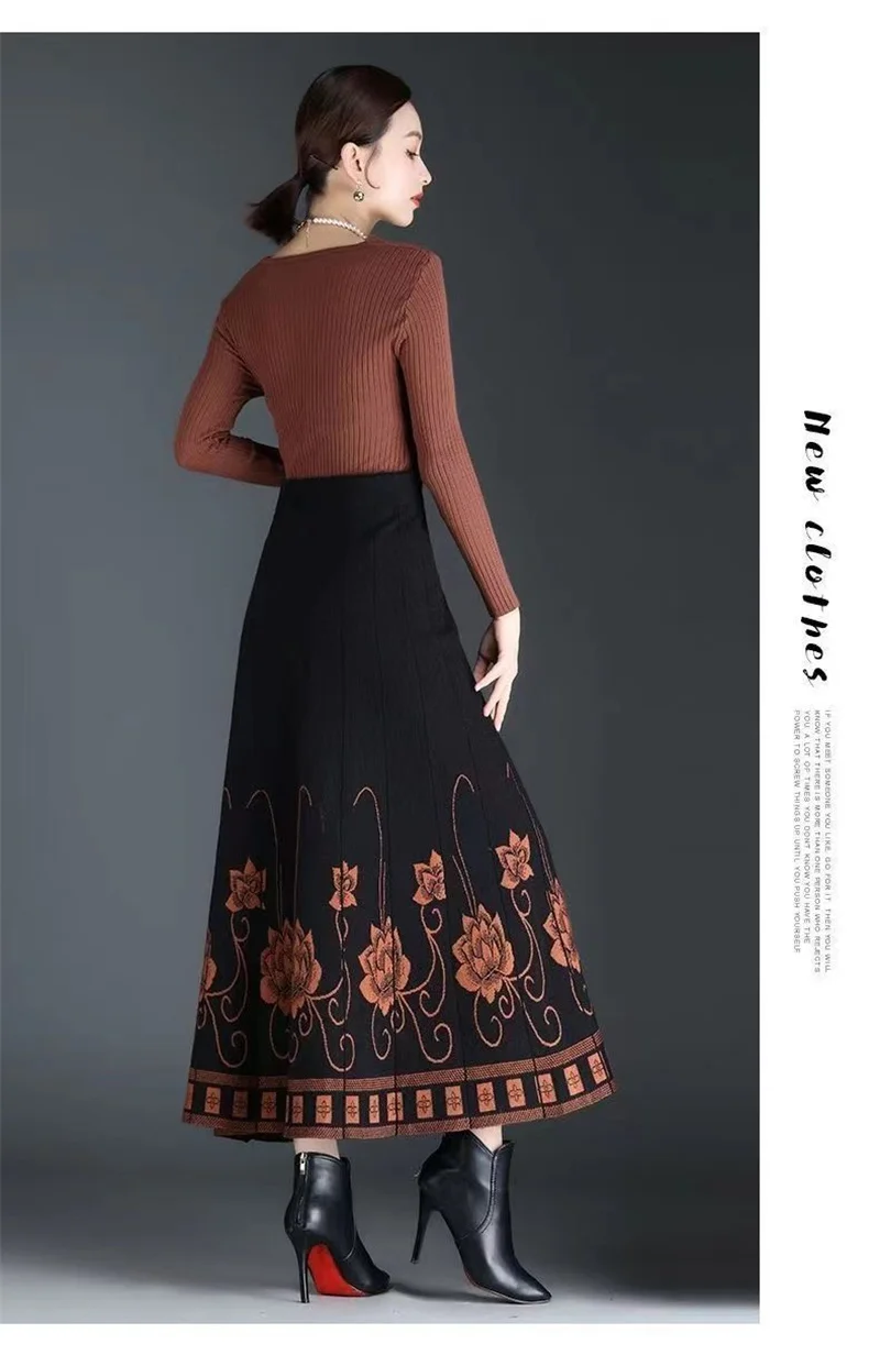 Women's Autumn Winter Ethnic Style A-line Skirt High Waist Elastic Waist Mid Length Knitted Wool Large Swing Skirt Sweater Skirt