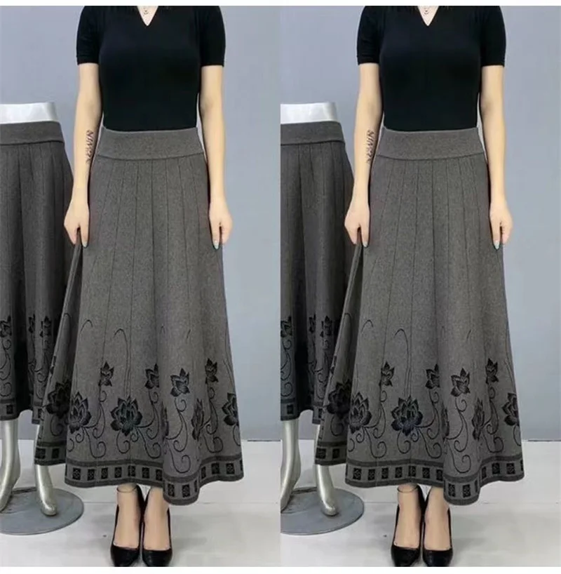 Women's Autumn Winter Ethnic Style A-line Skirt High Waist Elastic Waist Mid Length Knitted Wool Large Swing Skirt Sweater Skirt
