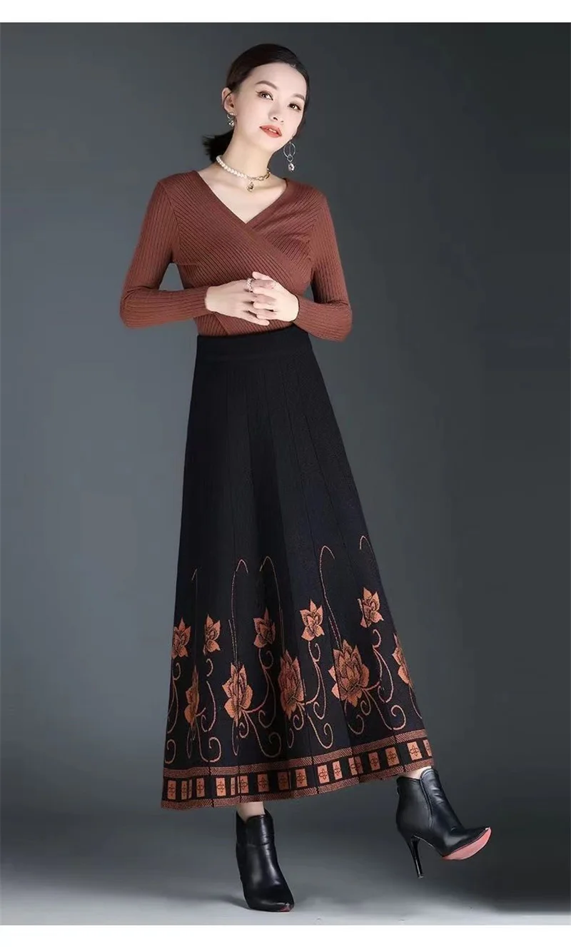 Women's Autumn Winter Ethnic Style A-line Skirt High Waist Elastic Waist Mid Length Knitted Wool Large Swing Skirt Sweater Skirt