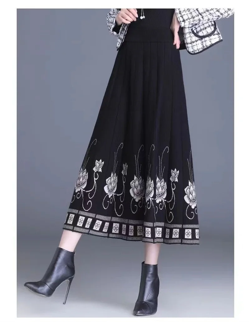 Women's Autumn Winter Ethnic Style A-line Skirt High Waist Elastic Waist Mid Length Knitted Wool Large Swing Skirt Sweater Skirt