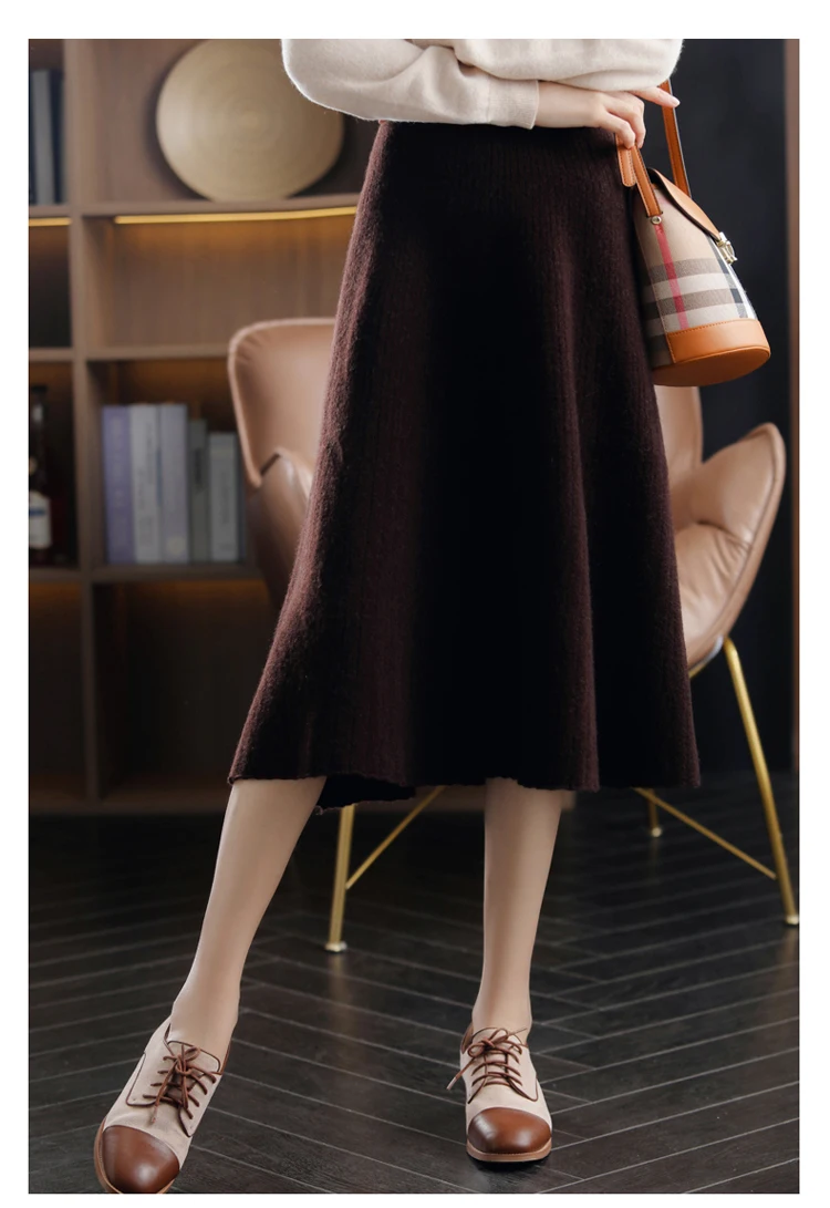 2025 Autumn New High-Waist 100%Pure Wool Pleated Long Skirt Women's Knit Base Skirt Fashion Pack Hip A-Line Cashmere Large Skirt