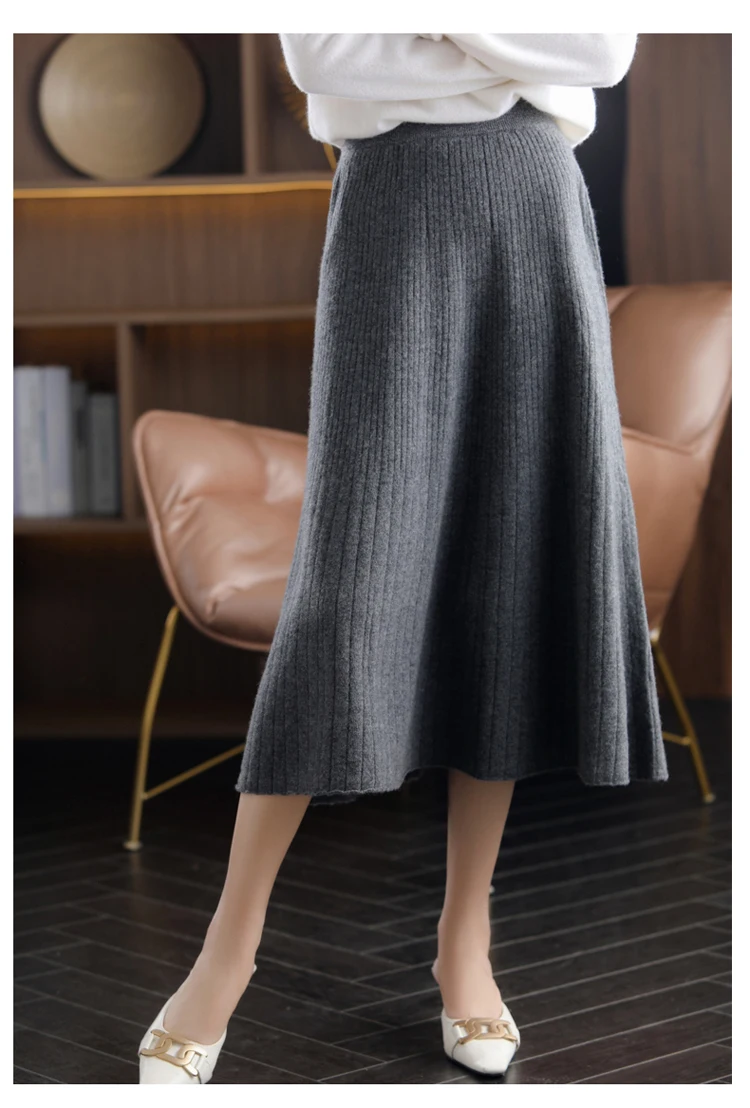 2025 Autumn New High-Waist 100%Pure Wool Pleated Long Skirt Women's Knit Base Skirt Fashion Pack Hip A-Line Cashmere Large Skirt
