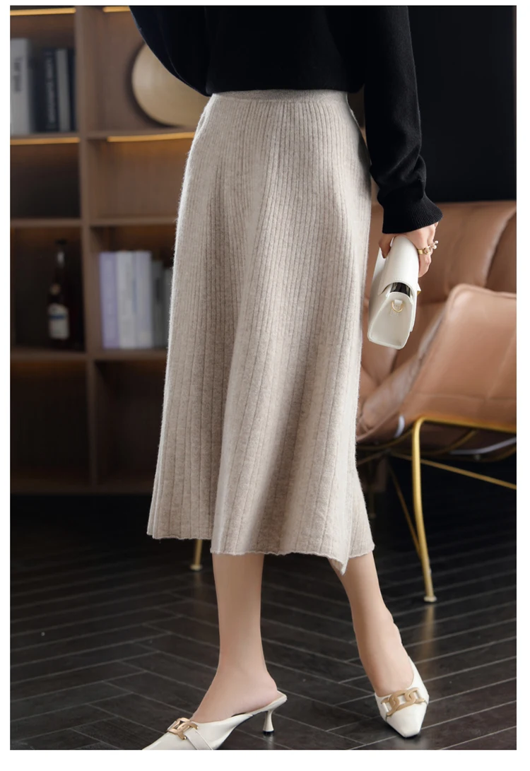 2025 Autumn New High-Waist 100%Pure Wool Pleated Long Skirt Women's Knit Base Skirt Fashion Pack Hip A-Line Cashmere Large Skirt