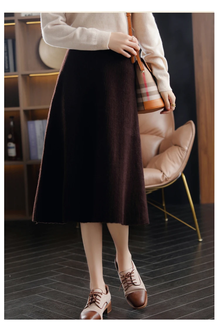 2025 Autumn New High-Waist 100%Pure Wool Pleated Long Skirt Women's Knit Base Skirt Fashion Pack Hip A-Line Cashmere Large Skirt