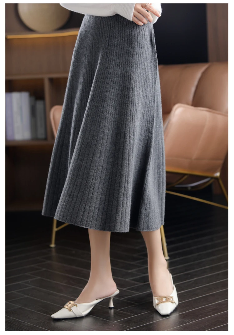 2025 Autumn New High-Waist 100%Pure Wool Pleated Long Skirt Women's Knit Base Skirt Fashion Pack Hip A-Line Cashmere Large Skirt