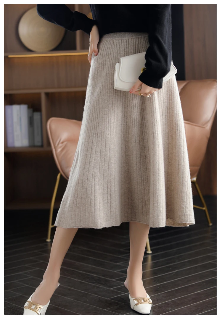 2025 Autumn New High-Waist 100%Pure Wool Pleated Long Skirt Women's Knit Base Skirt Fashion Pack Hip A-Line Cashmere Large Skirt