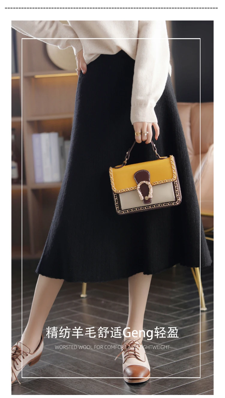 2025 Autumn New High-Waist 100%Pure Wool Pleated Long Skirt Women's Knit Base Skirt Fashion Pack Hip A-Line Cashmere Large Skirt