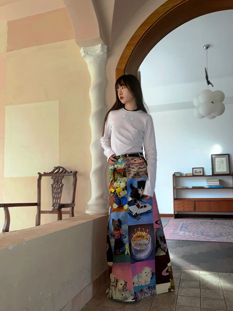 Retro Printed Women's Long Skirt Summer New Streetwear High Waist Casual A Line Skirt Femme Y2k 2000s Cute Party Club Skirt T936