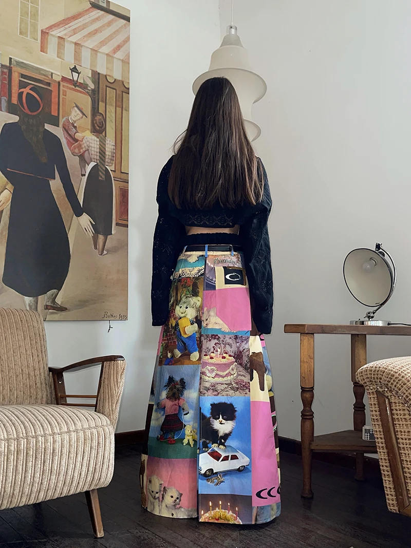 Retro Printed Women's Long Skirt Summer New Streetwear High Waist Casual A Line Skirt Femme Y2k 2000s Cute Party Club Skirt T936