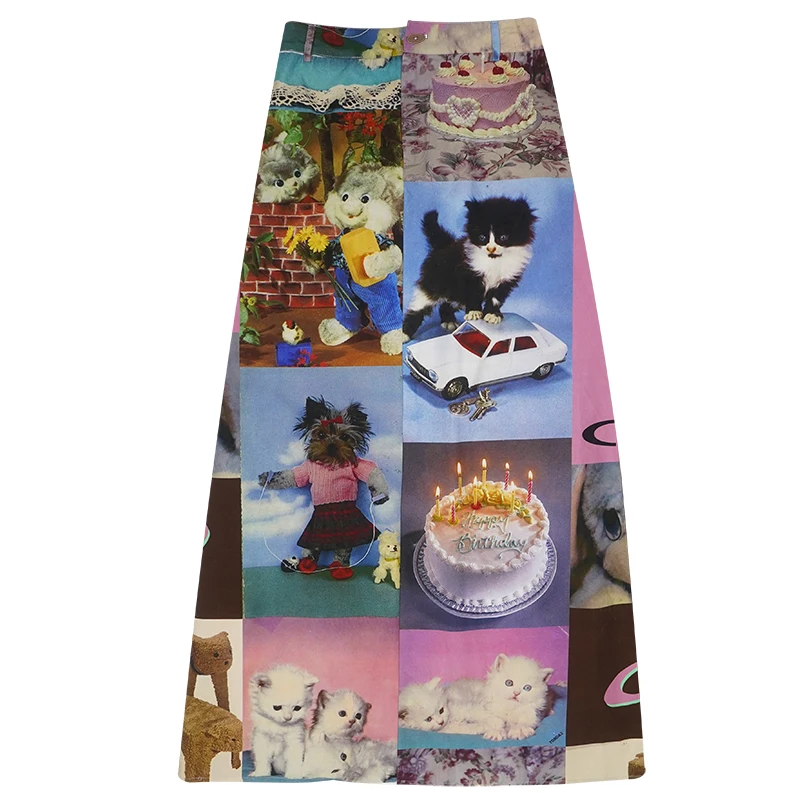 Retro Printed Women's Long Skirt Summer New Streetwear High Waist Casual A Line Skirt Femme Y2k 2000s Cute Party Club Skirt T936