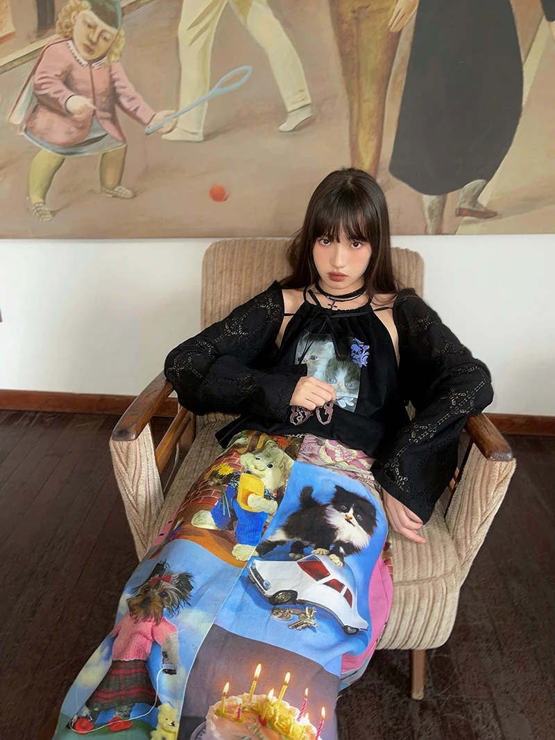 Retro Printed Women's Long Skirt Summer New Streetwear High Waist Casual A Line Skirt Femme Y2k 2000s Cute Party Club Skirt T936