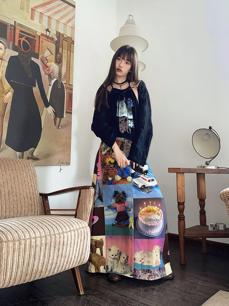 Retro Printed Women's Long Skirt Summer New Streetwear High Waist Casual A Line Skirt Femme Y2k 2000s Cute Party Club Skirt T936