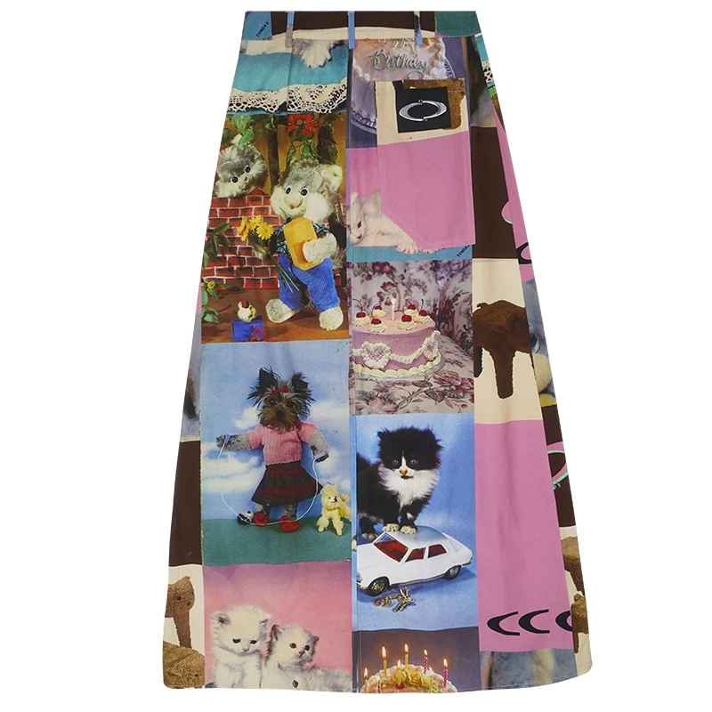 Retro Printed Women's Long Skirt Summer New Streetwear High Waist Casual A Line Skirt Femme Y2k 2000s Cute Party Club Skirt T936
