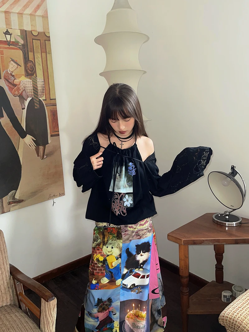 Retro Printed Women's Long Skirt Summer New Streetwear High Waist Casual A Line Skirt Femme Y2k 2000s Cute Party Club Skirt T936