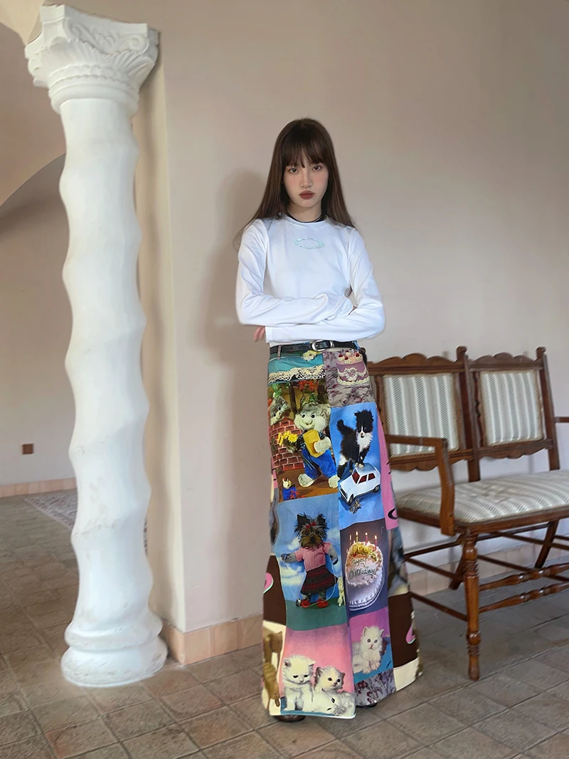 Retro Printed Women's Long Skirt Summer New Streetwear High Waist Casual A Line Skirt Femme Y2k 2000s Cute Party Club Skirt T936