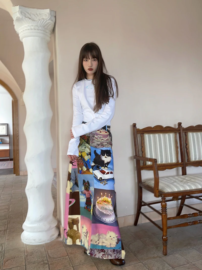 Retro Printed Women's Long Skirt Summer New Streetwear High Waist Casual A Line Skirt Femme Y2k 2000s Cute Party Club Skirt T936