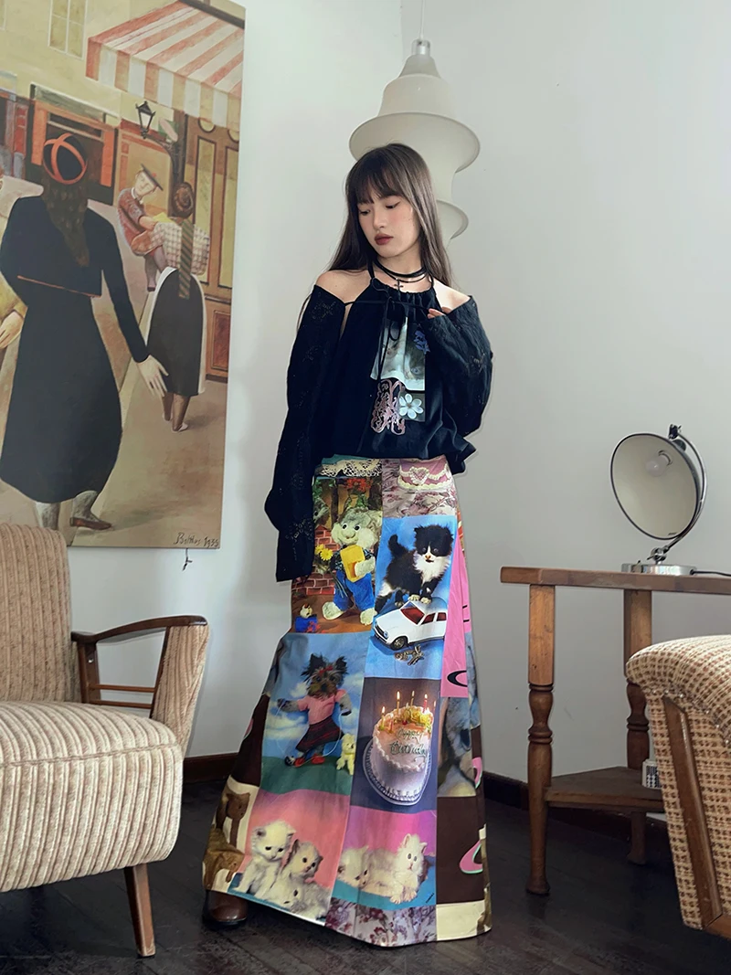 Retro Printed Women's Long Skirt Summer New Streetwear High Waist Casual A Line Skirt Femme Y2k 2000s Cute Party Club Skirt T936