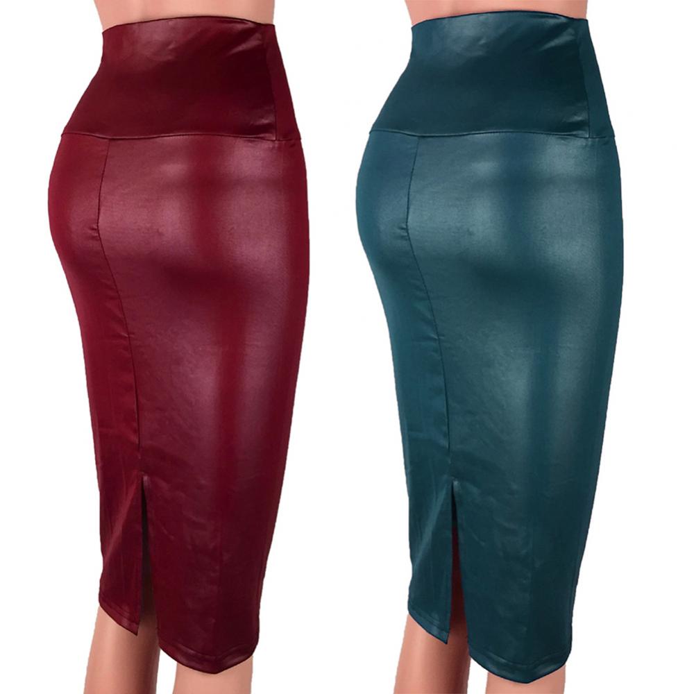 Leather Skirt Back Split Women Sexy Bodycon Pencil Skirt Sexy Office Lady Pencil Package Skirts High Waist Summer Long Skirt