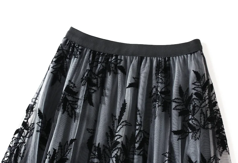 Women's Flocking Printed Chiffon Skirt in Autumn and Winter, Long A-line Large Swing Floral Mesh Skirt Suitable for All Seasons