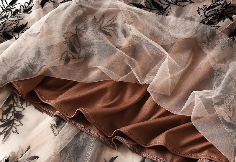 Women's Flocking Printed Chiffon Skirt in Autumn and Winter, Long A-line Large Swing Floral Mesh Skirt Suitable for All Seasons