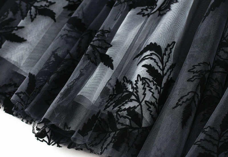 Women's Flocking Printed Chiffon Skirt in Autumn and Winter, Long A-line Large Swing Floral Mesh Skirt Suitable for All Seasons