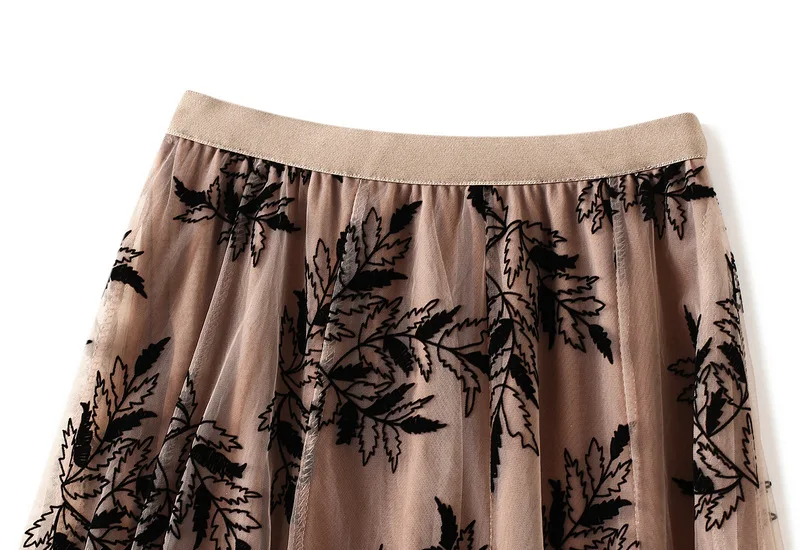 Women's Flocking Printed Chiffon Skirt in Autumn and Winter, Long A-line Large Swing Floral Mesh Skirt Suitable for All Seasons