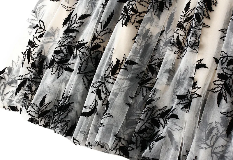Women's Flocking Printed Chiffon Skirt in Autumn and Winter, Long A-line Large Swing Floral Mesh Skirt Suitable for All Seasons