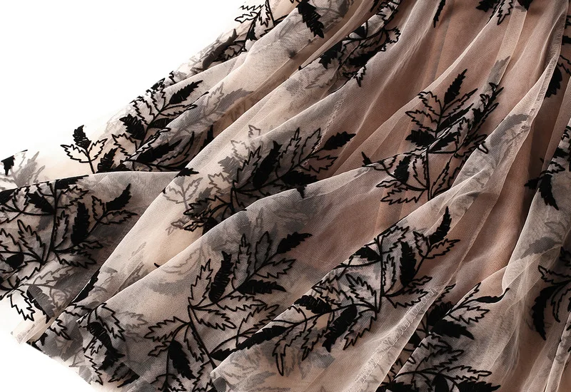 Women's Flocking Printed Chiffon Skirt in Autumn and Winter, Long A-line Large Swing Floral Mesh Skirt Suitable for All Seasons
