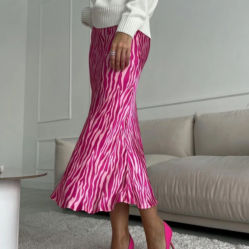 2023 Summer Autumn Women Elegant Midi Satin Skirts Printed High Waist Office Ladies Bodycon Pencil Slim Skirt For Women