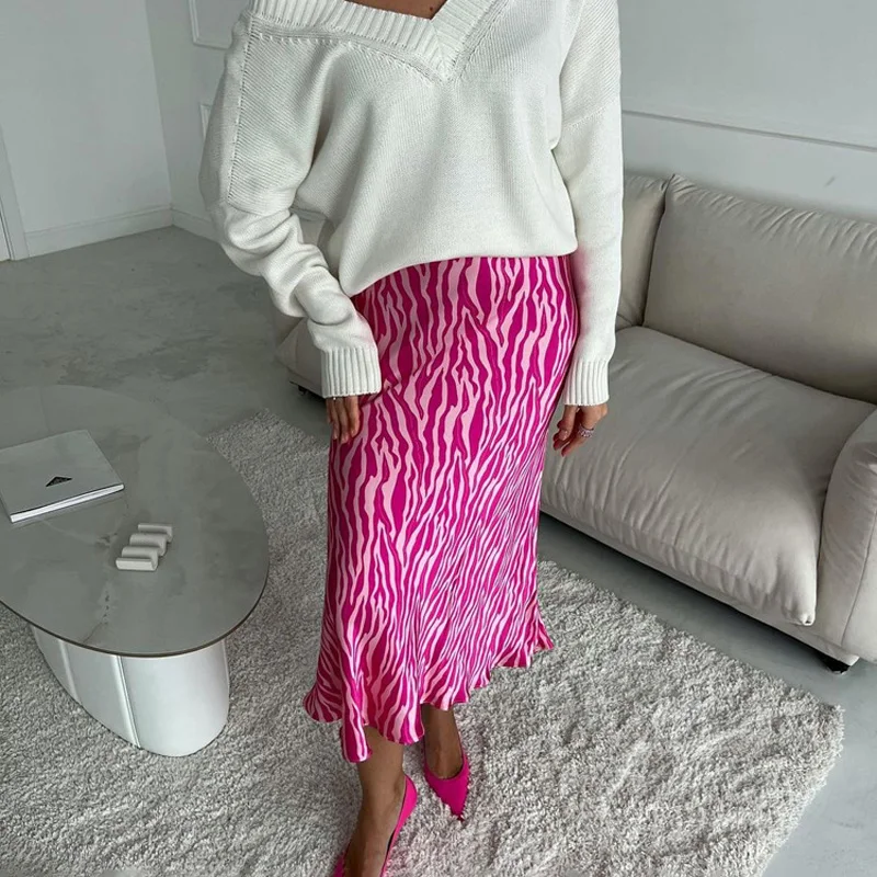 2023 Summer Autumn Women Elegant Midi Satin Skirts Printed High Waist Office Ladies Bodycon Pencil Slim Skirt For Women