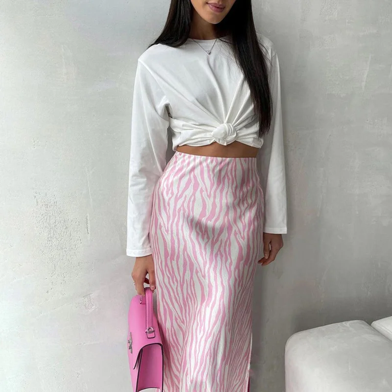 2023 Summer Autumn Women Elegant Midi Satin Skirts Printed High Waist Office Ladies Bodycon Pencil Slim Skirt For Women