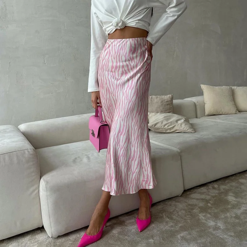 2023 Summer Autumn Women Elegant Midi Satin Skirts Printed High Waist Office Ladies Bodycon Pencil Slim Skirt For Women