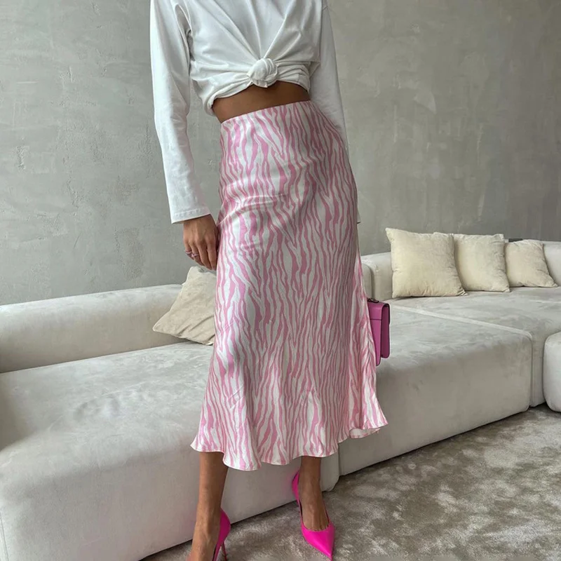 2023 Summer Autumn Women Elegant Midi Satin Skirts Printed High Waist Office Ladies Bodycon Pencil Slim Skirt For Women